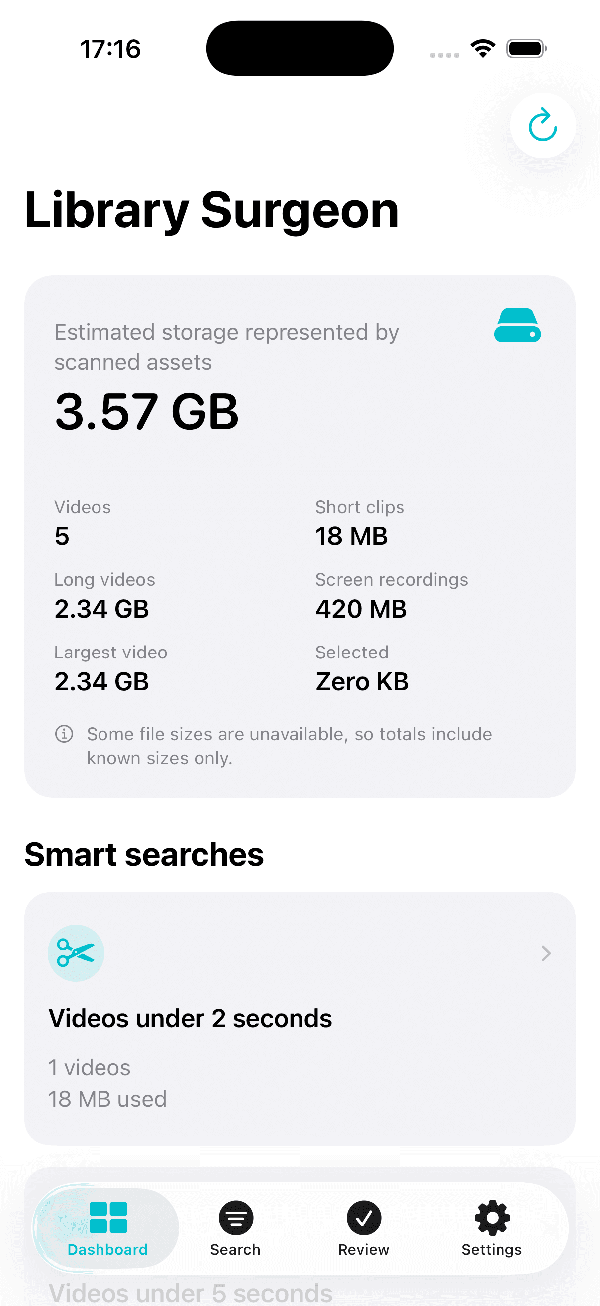 Library Surgeon dashboard showing scanned video storage and smart searches